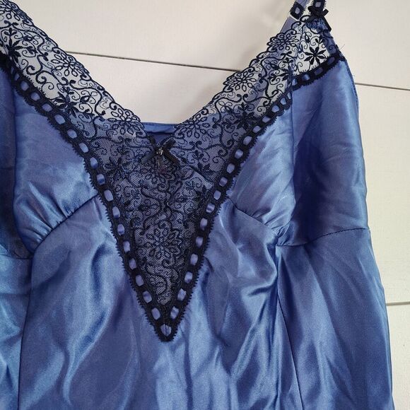 Navy Blue Satin Slip Dress Lace Trim Babydoll Nightie Fairycore Coquette M - Picture 2 of 9